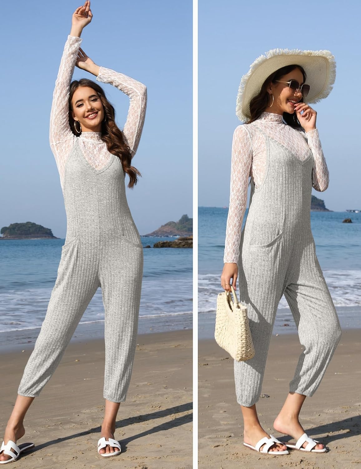 Ekouaer Jumpsuits for Women Sleeveless Ribbed Overall Jumpsuit Romper