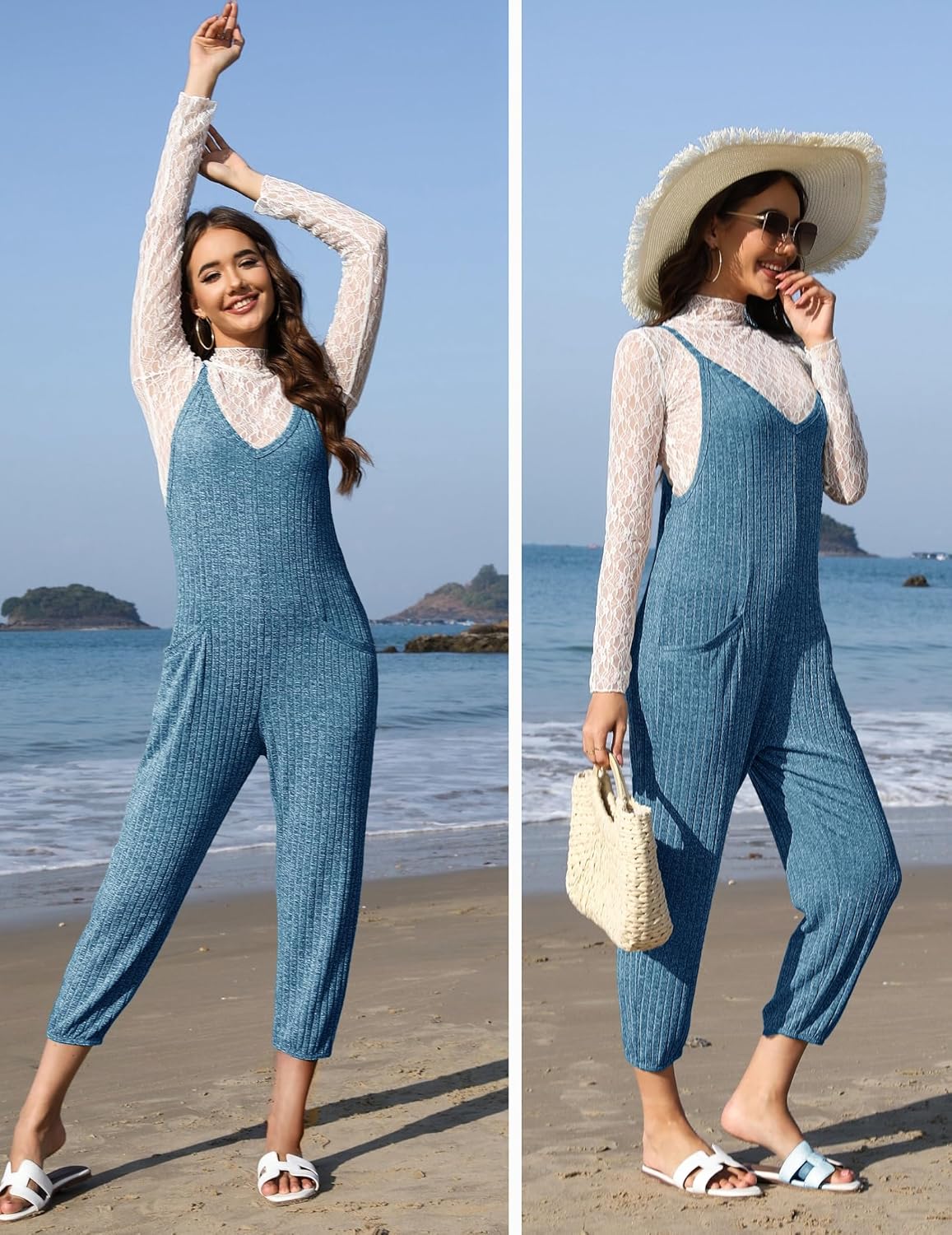 Ekouaer Jumpsuits for Women Sleeveless Ribbed Overall Jumpsuit Romper
