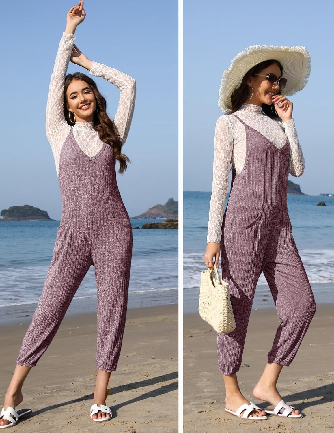 Ekouaer Jumpsuits for Women Sleeveless Ribbed Overall Jumpsuit Romper