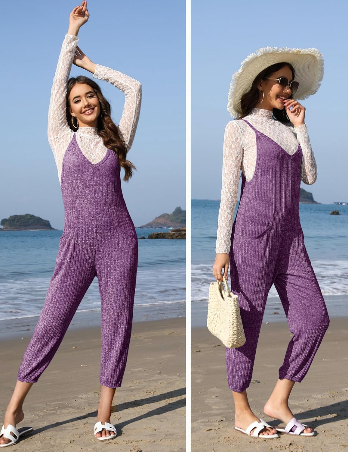 Ekouaer Jumpsuits for Women Sleeveless Ribbed Overall Jumpsuit Romper