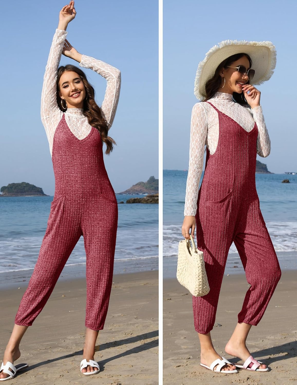 Ekouaer Jumpsuits for Women Sleeveless Ribbed Overall Jumpsuit Romper