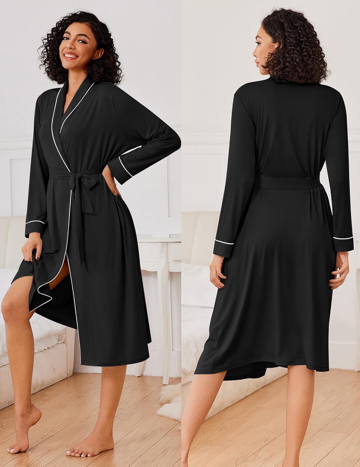 Long lightweight kimono robe in black with contrast trim, tie belt, and side slit