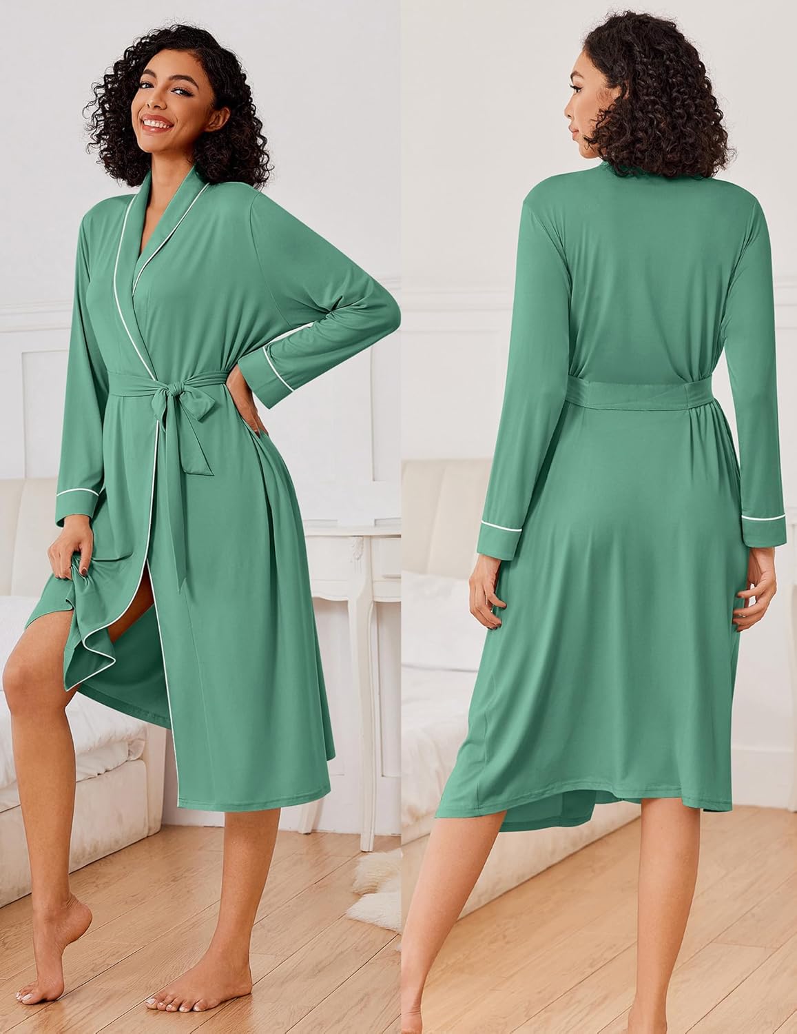 Celadon green long kimono robe with contrast trim and tie waist, side slit