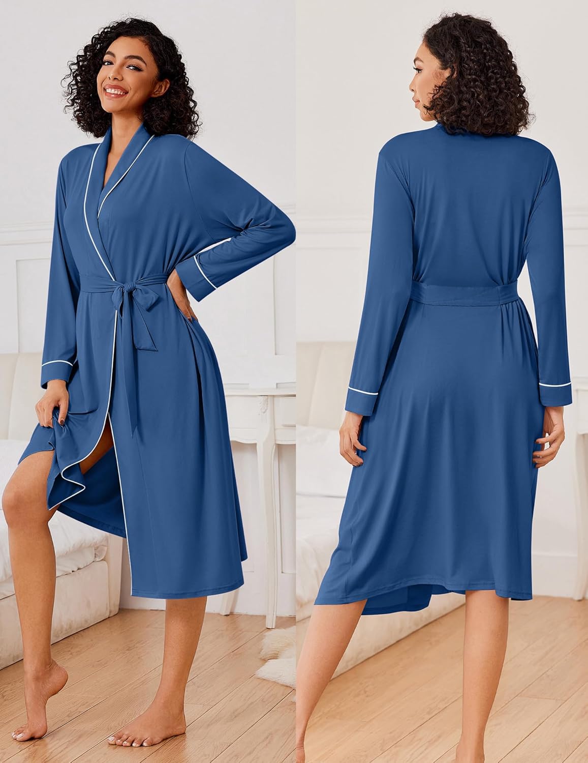Blue long lightweight knit robe with V-neck, long sleeves, and tie belt