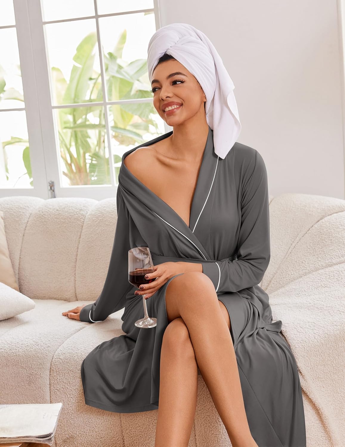 Light gray long knit bathrobe with contrast piping and tie waist, headscarf included