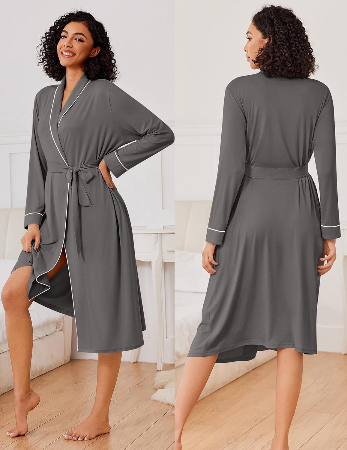 Light gray long kimono robe with contrast trim, wrap tie waist, and side slit