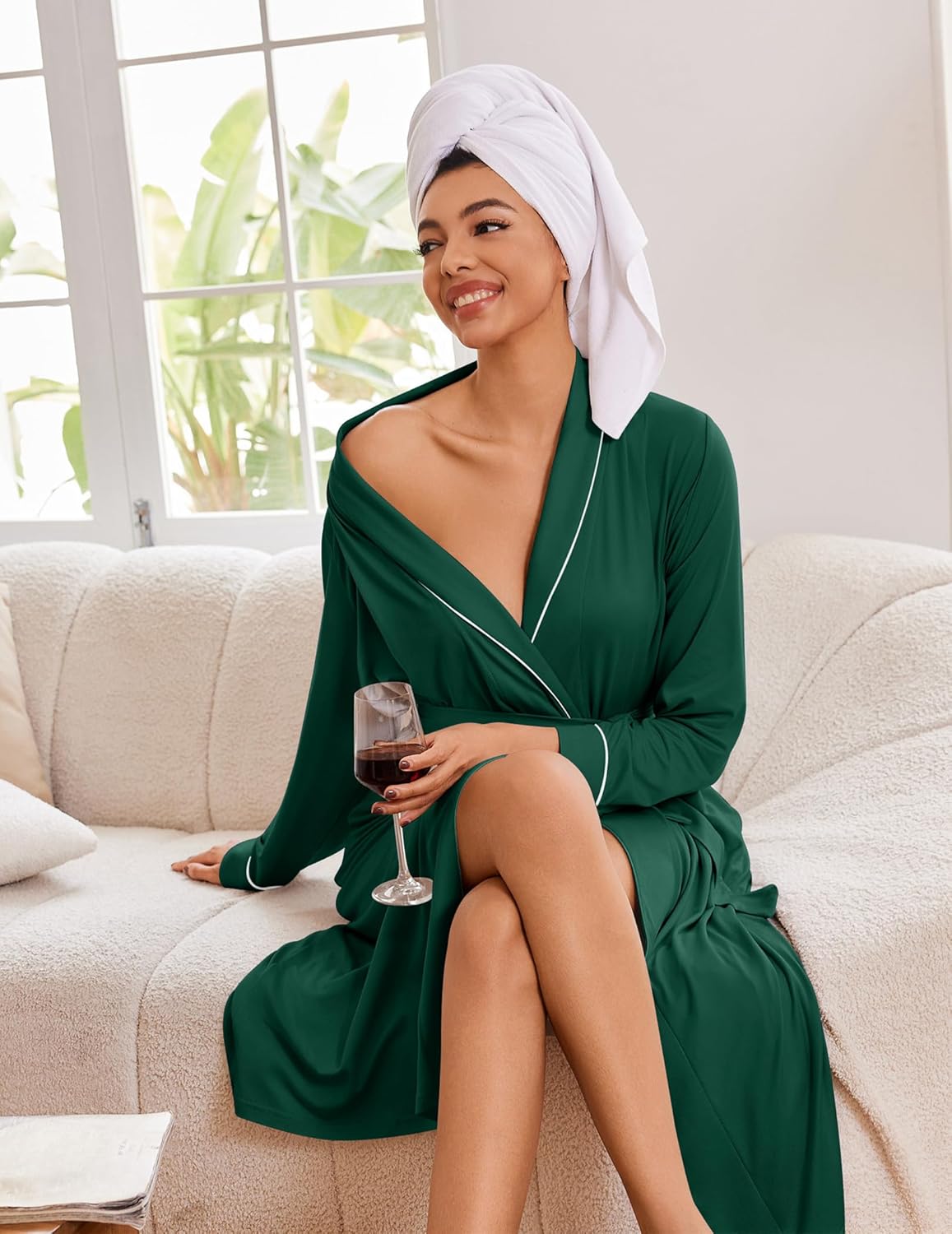 Dark green wrap kimono robe with V-neck, waist tie, side slit, long sleeves
