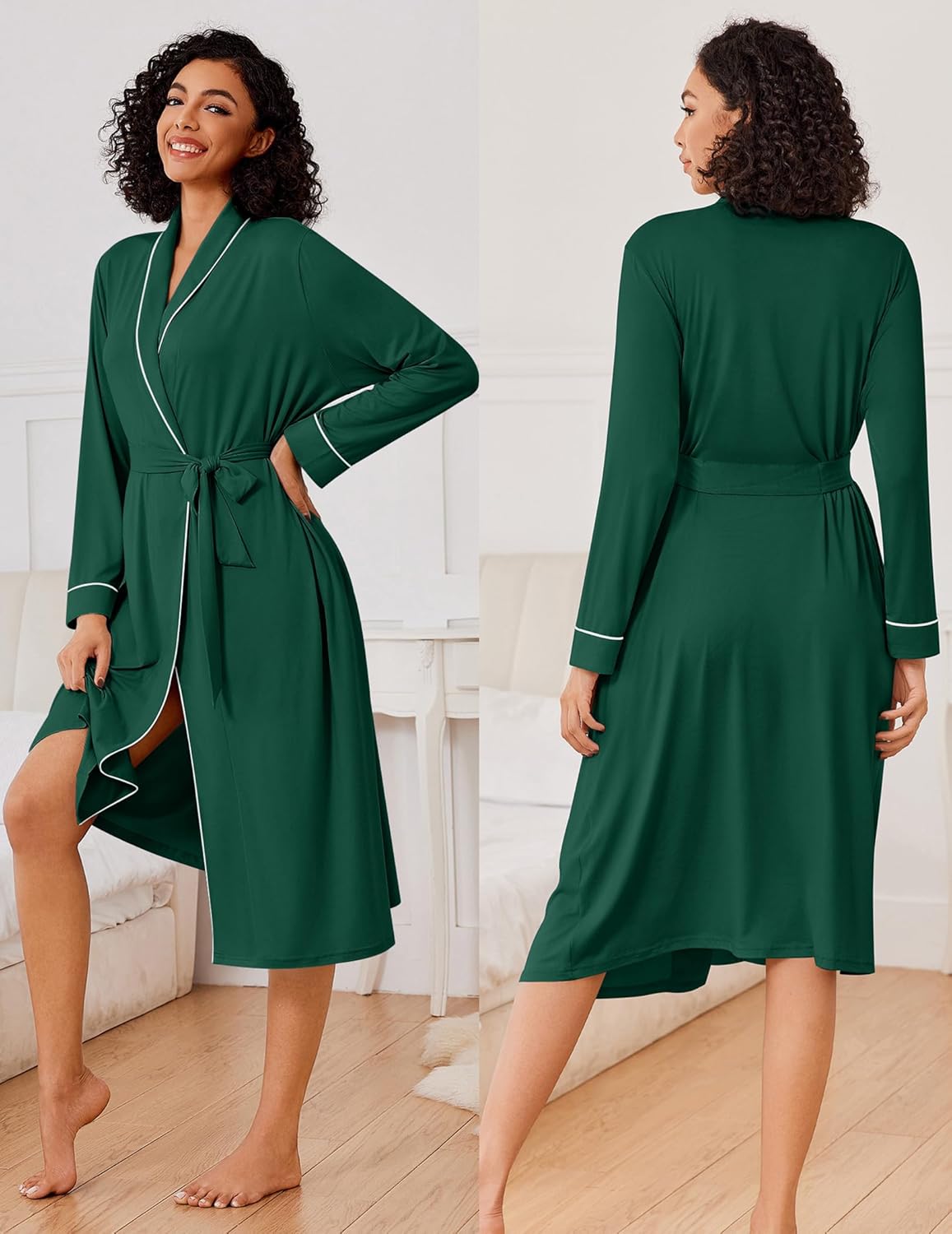 Dark green long kimono knit robe with wrap V-neck, tied waist, side slit, trim sleeves
