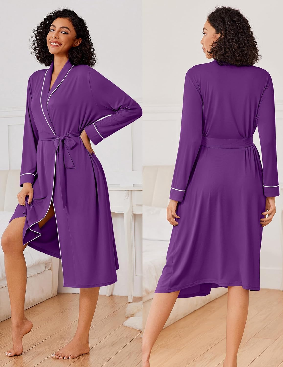 Long lightweight kimono robe in deep purple with white trim and waist tie belt