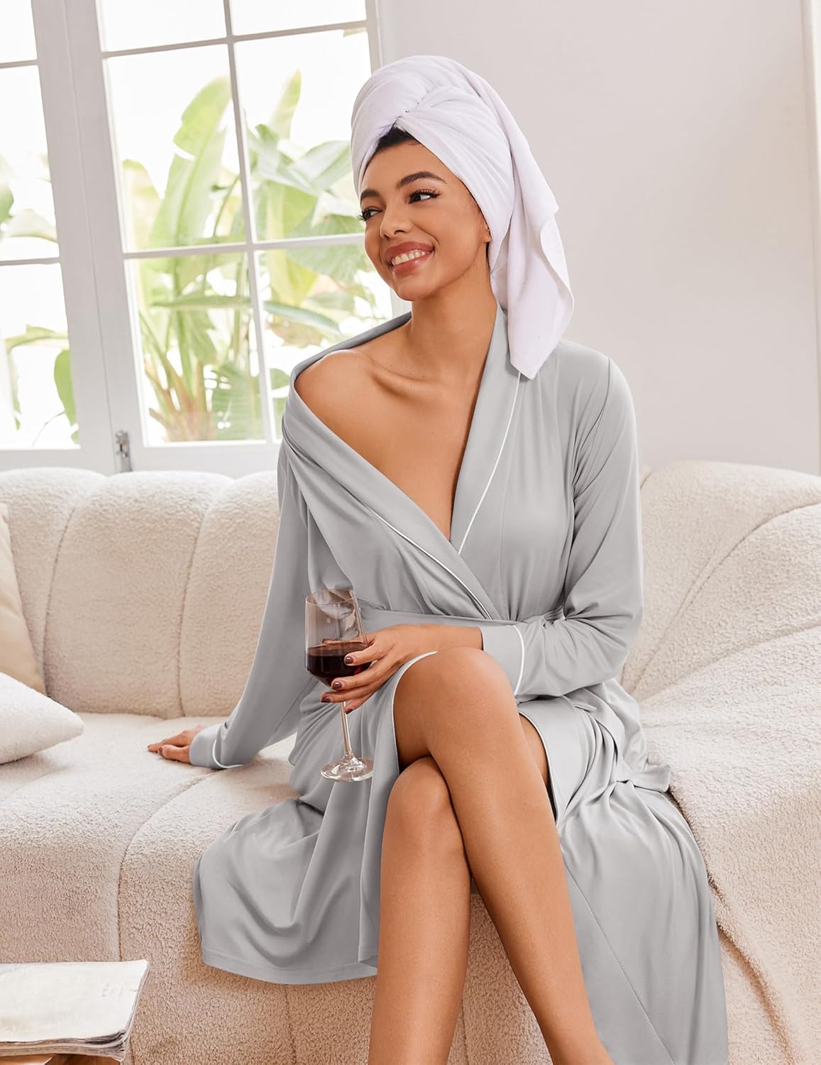 Light gray knit bathrobe with V-neck wrap and tie waist, long sleeves