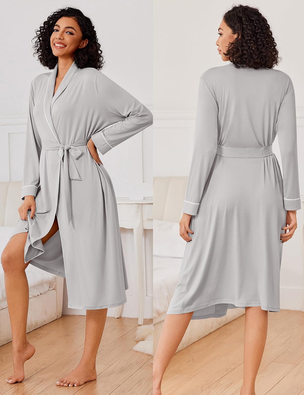 Light gray long lightweight knit robe with V-neck, long sleeves, and tie belt