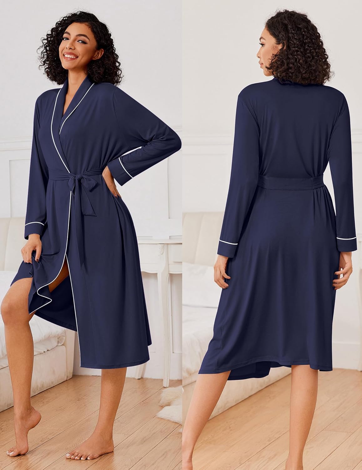 Ekouaer long lightweight kimono robe in dark blue with white trim and tie belt