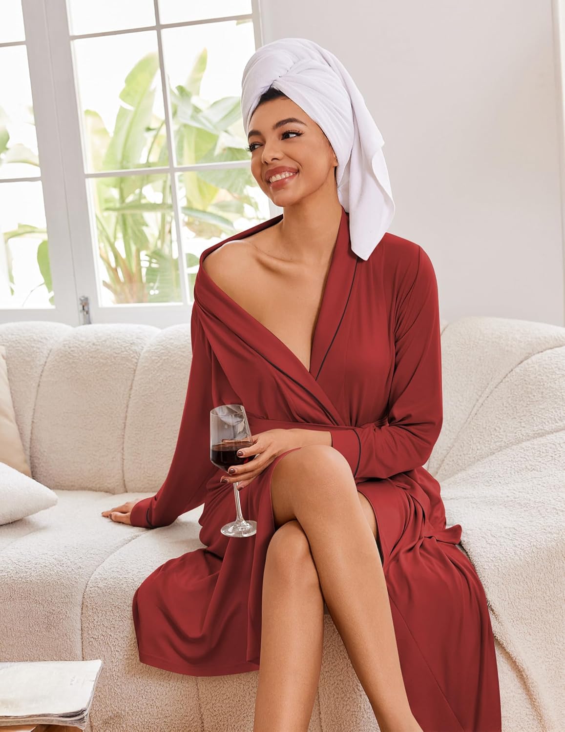 Wine-red wrap kimono robe with V-neck and tied waist, side slit, full sleeves