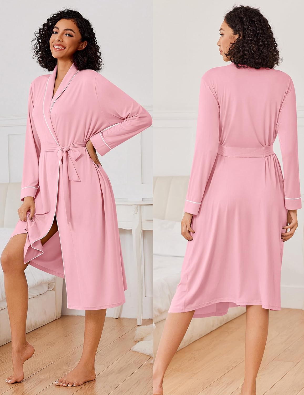 Pink long lightweight knit robe with V-neck, long sleeves, and tie belt
