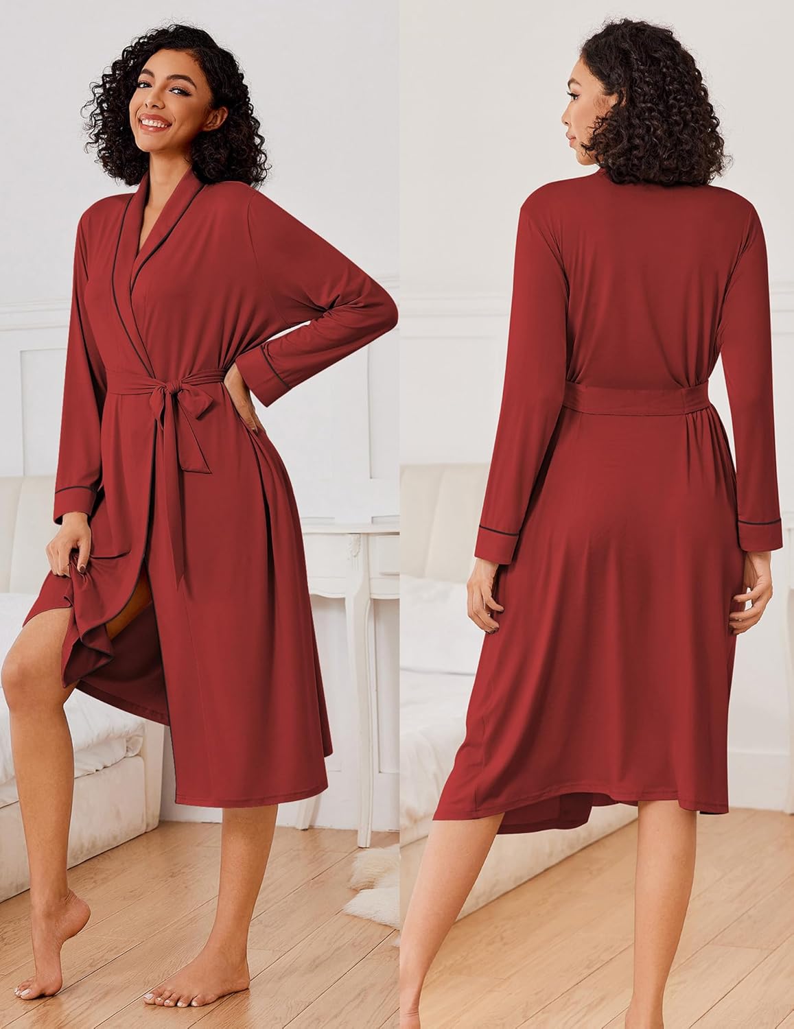 Wine-red long kimono robe, front/back view, wrap V-neck, waist tie, side slit