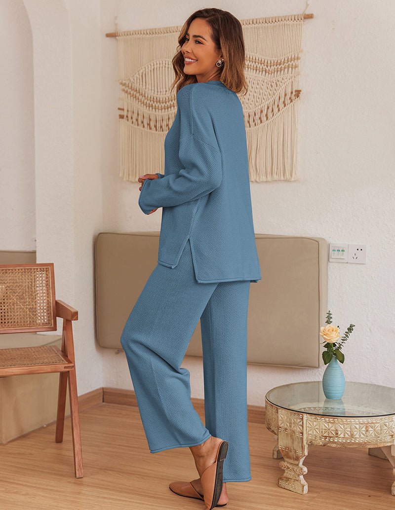 Blue knit long-sleeve pajama top and wide-leg pants set