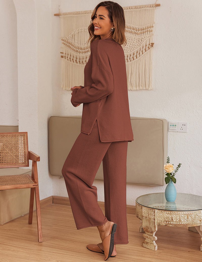 Brown knit long-sleeve pajama top and wide-leg pants set