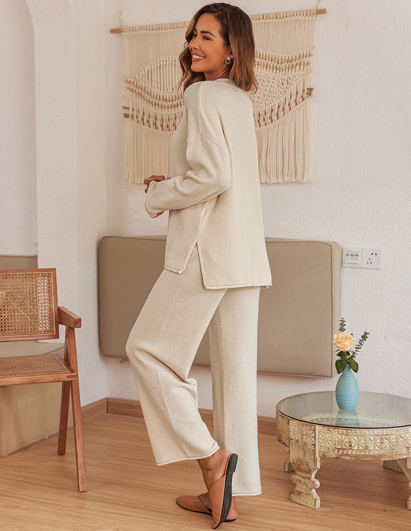 Cream knit long-sleeve pajama top and wide-leg pants set, henley neckline
