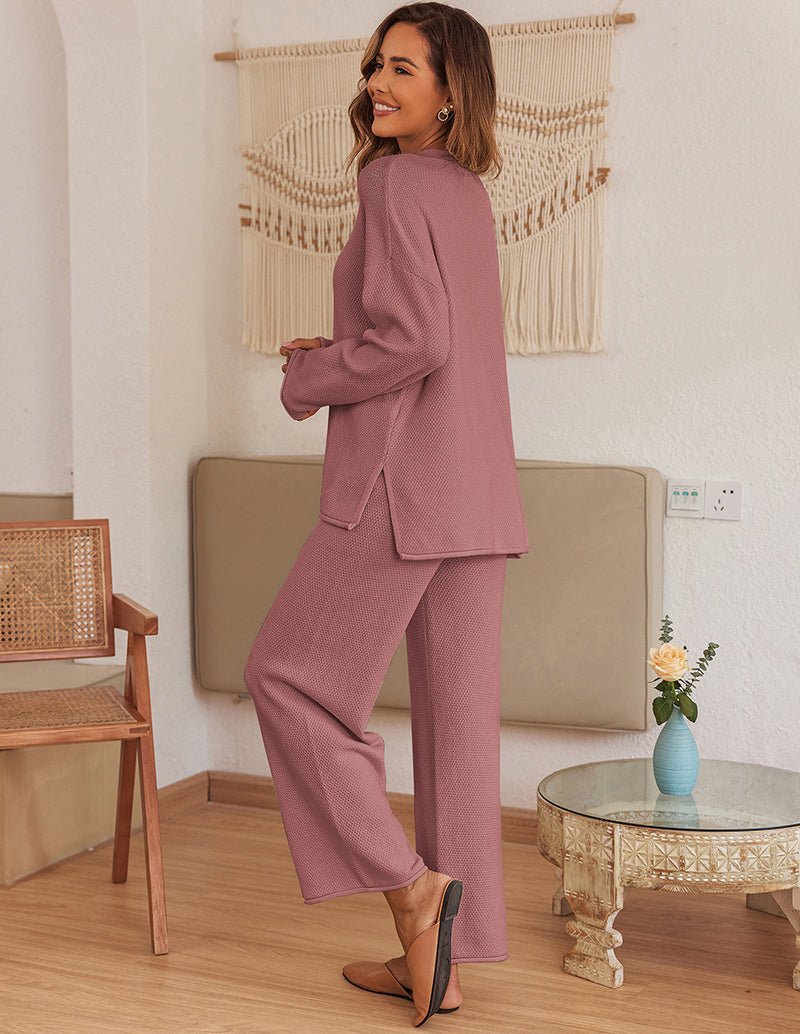 Purple knit long-sleeve pajama top and wide-leg pants set