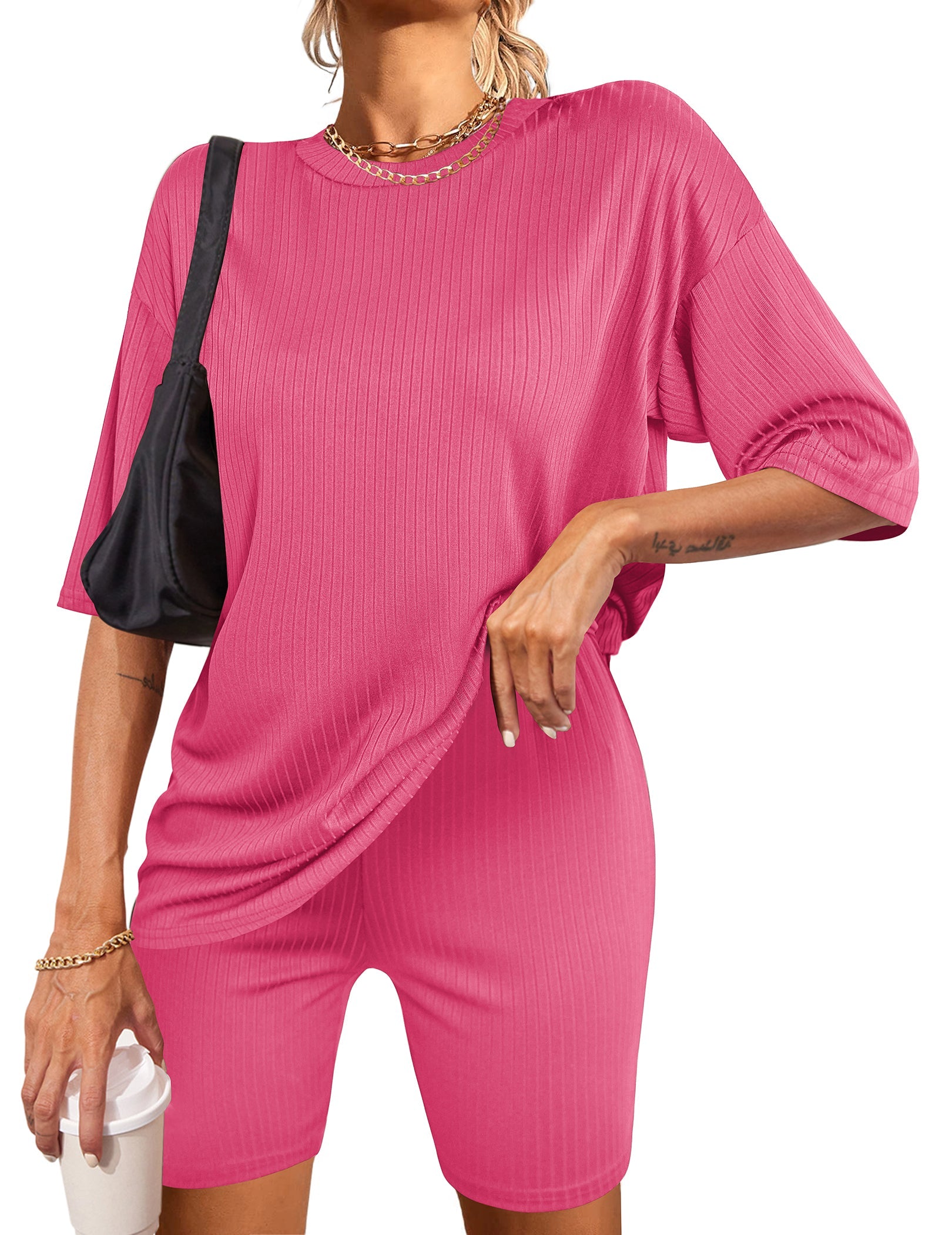 Hot pink knit pajama set with scoop-neck T-shirt and matching shorts