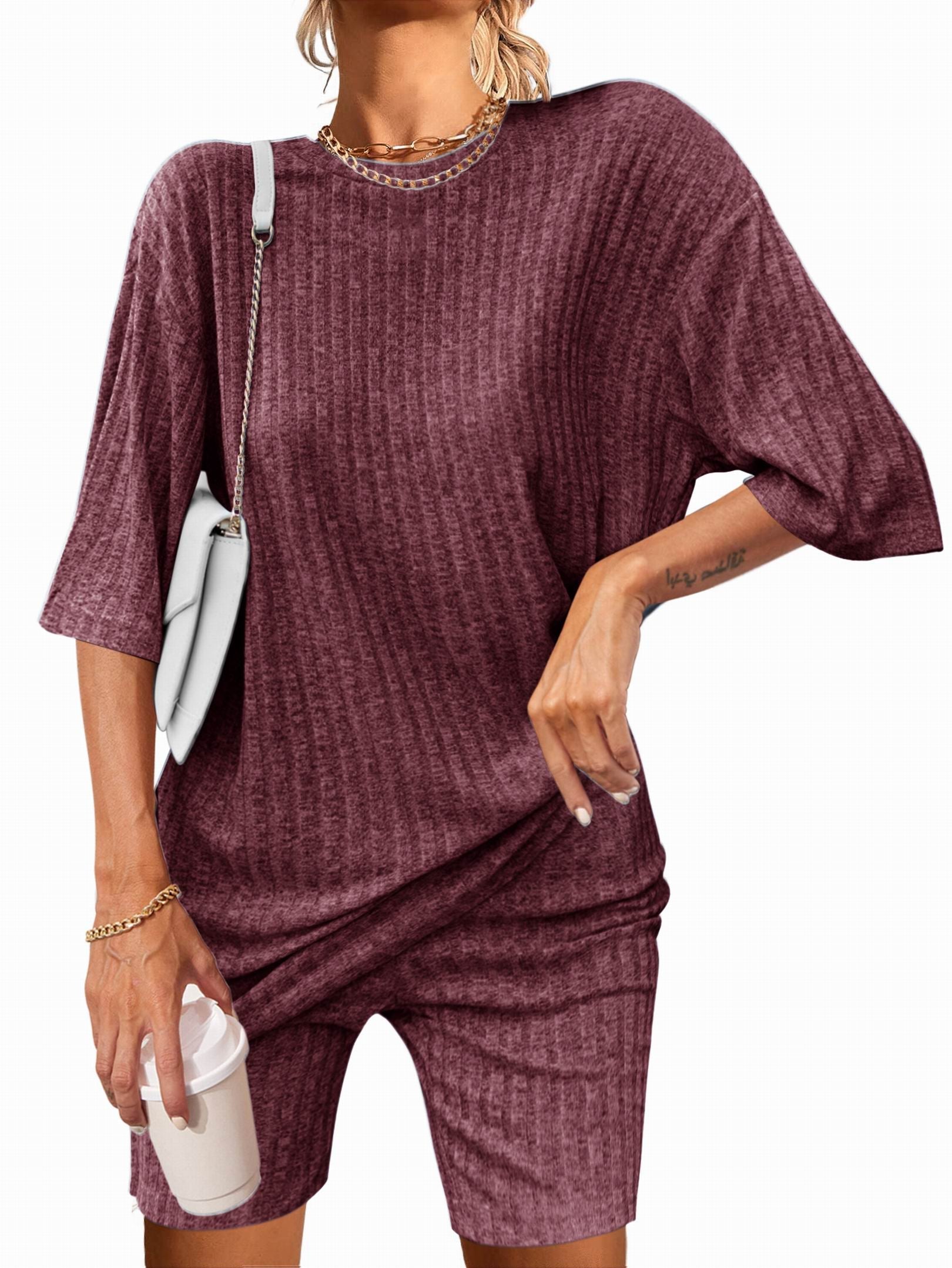 Burgundy wine knit pajama set with scoop-neck T-shirt and matching shorts
