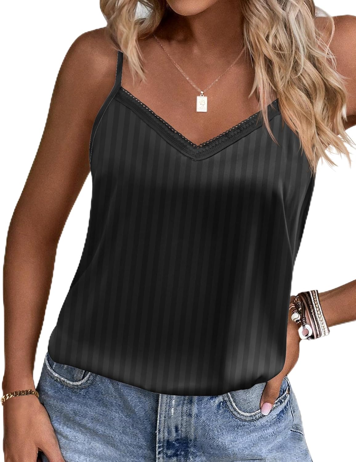 Black pinstripe satin pajama tank with lace-trim V-neck and slim shoulder straps