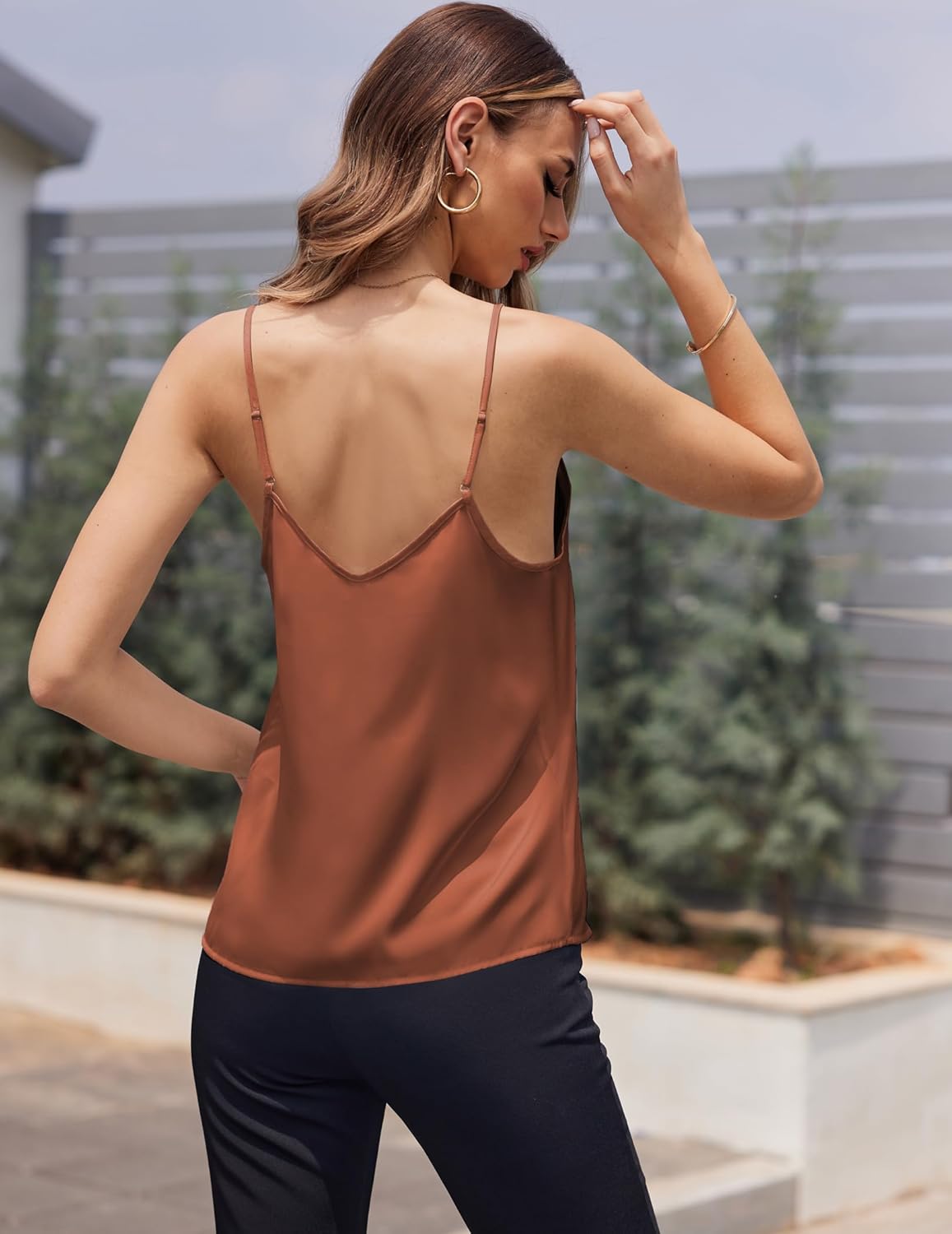 Terracotta satin pajama tank top, back view with adjustable thin straps