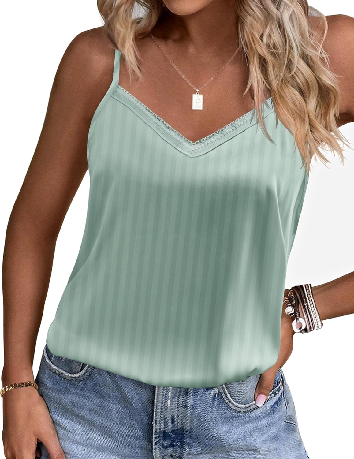 Light green striped satin pajama tank top with lace-trim V-neck and thin straps