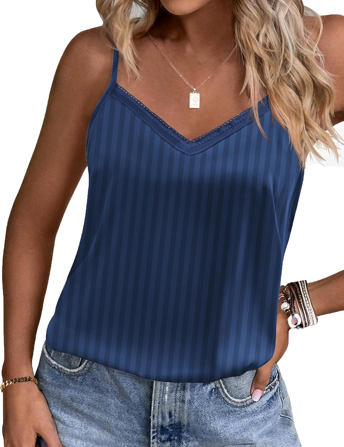 Blue pinstripe satin pajama tank with lace-trim V-neck and thin shoulder straps