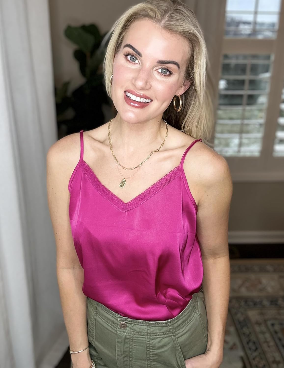 Fuchsia satin pajama tank top with lace-trim V-neck and thin straps