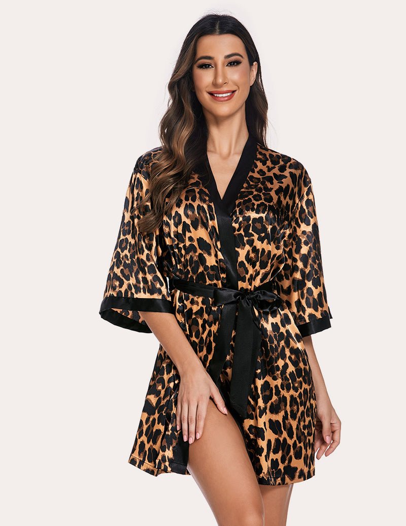 Leopard print satin robe with V-neck, black belt tie, and kimono sleeves