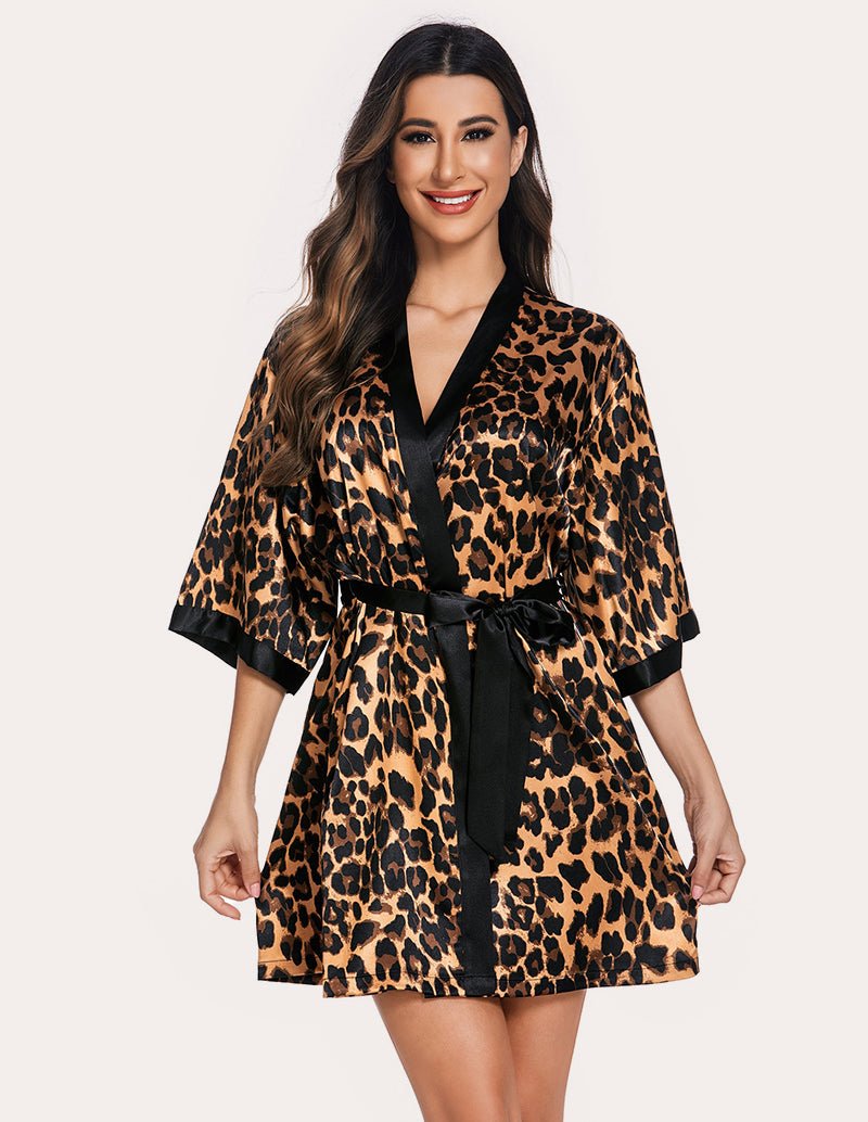 Leopard print robe with V-neck, black belt tie, and short kimono sleeves
