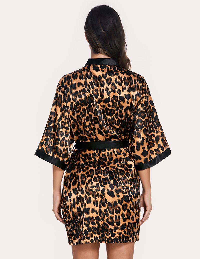 Leopard print robe back view with black belt tie and wide kimono sleeves