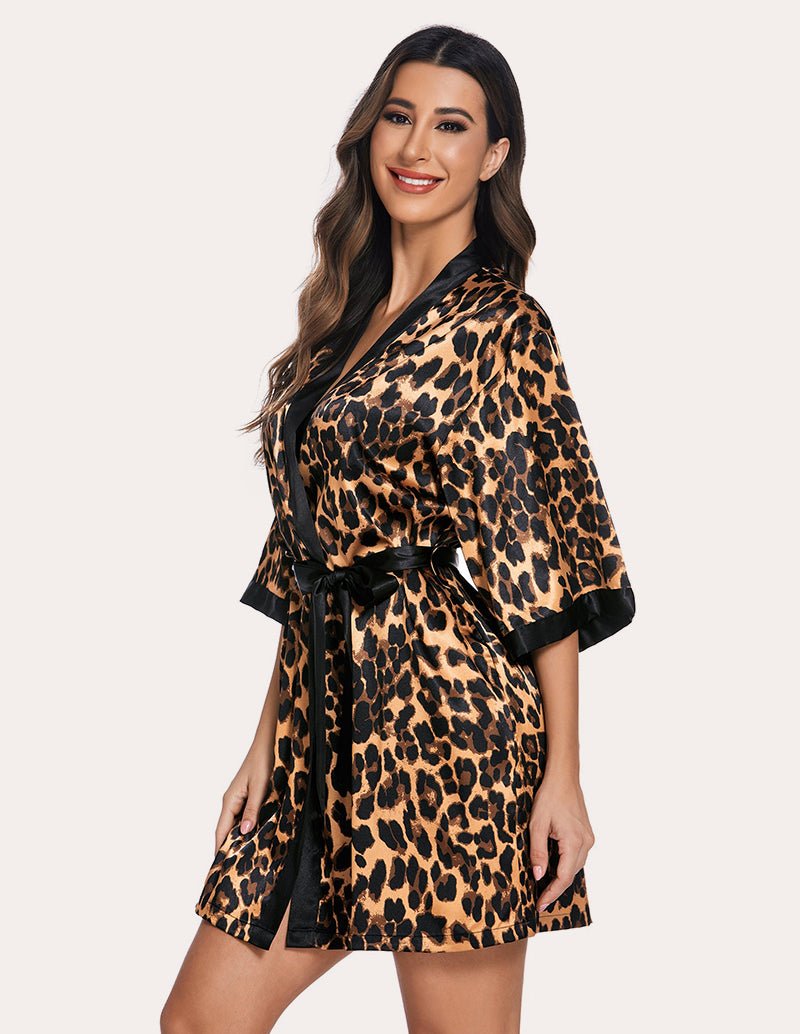 Leopard print robe with V-neck, black waist tie belt, and wide kimono sleeves