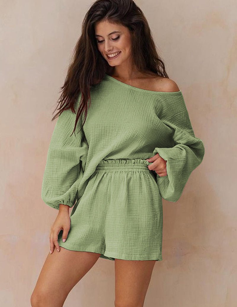 Green off-shoulder lantern-sleeve lounge set with elastic waist shorts