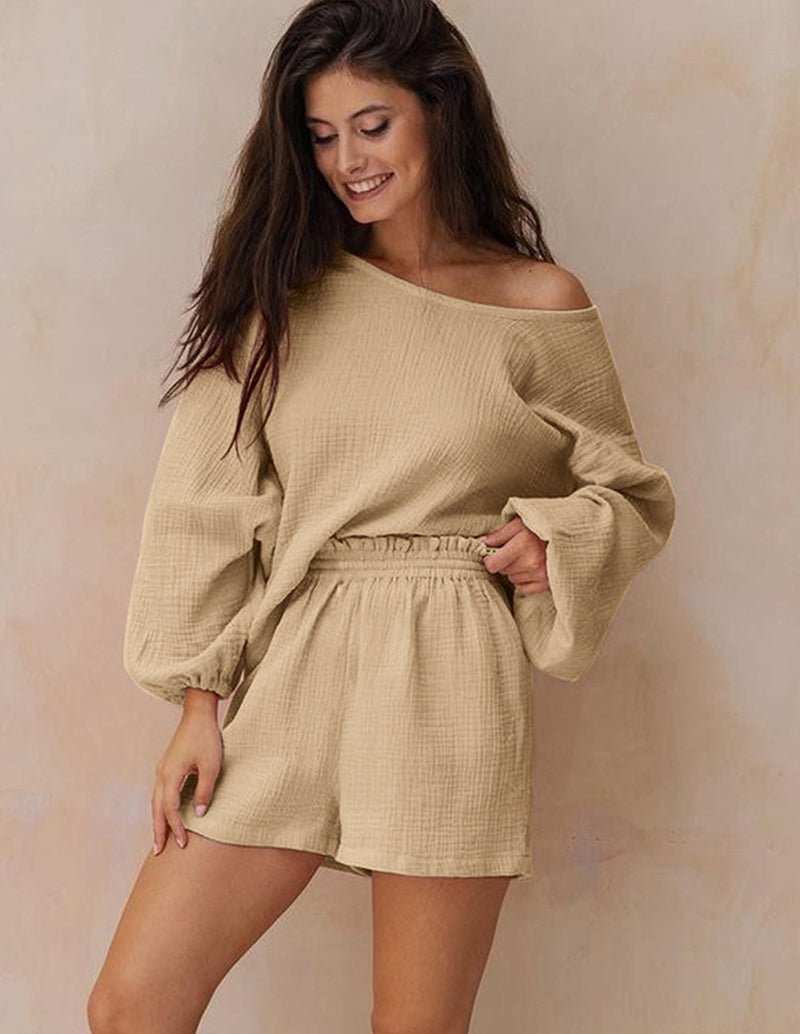 Khaki lantern-sleeve lounge set with relaxed top and elastic waist shorts