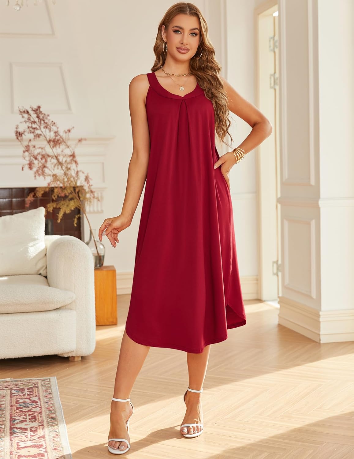 Wine red sleeveless sleep tank dress with pleated skirt and round neckline