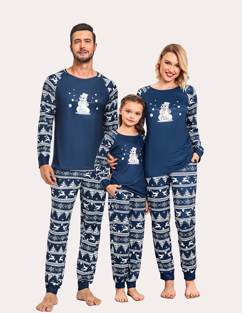 Pyjama set with long sleeves, navy blue snowman pattern top and pajama pants