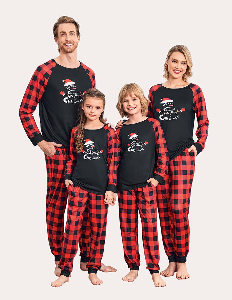 Pyjama set with long sleeves, red and black plaid top and pants (family matching)