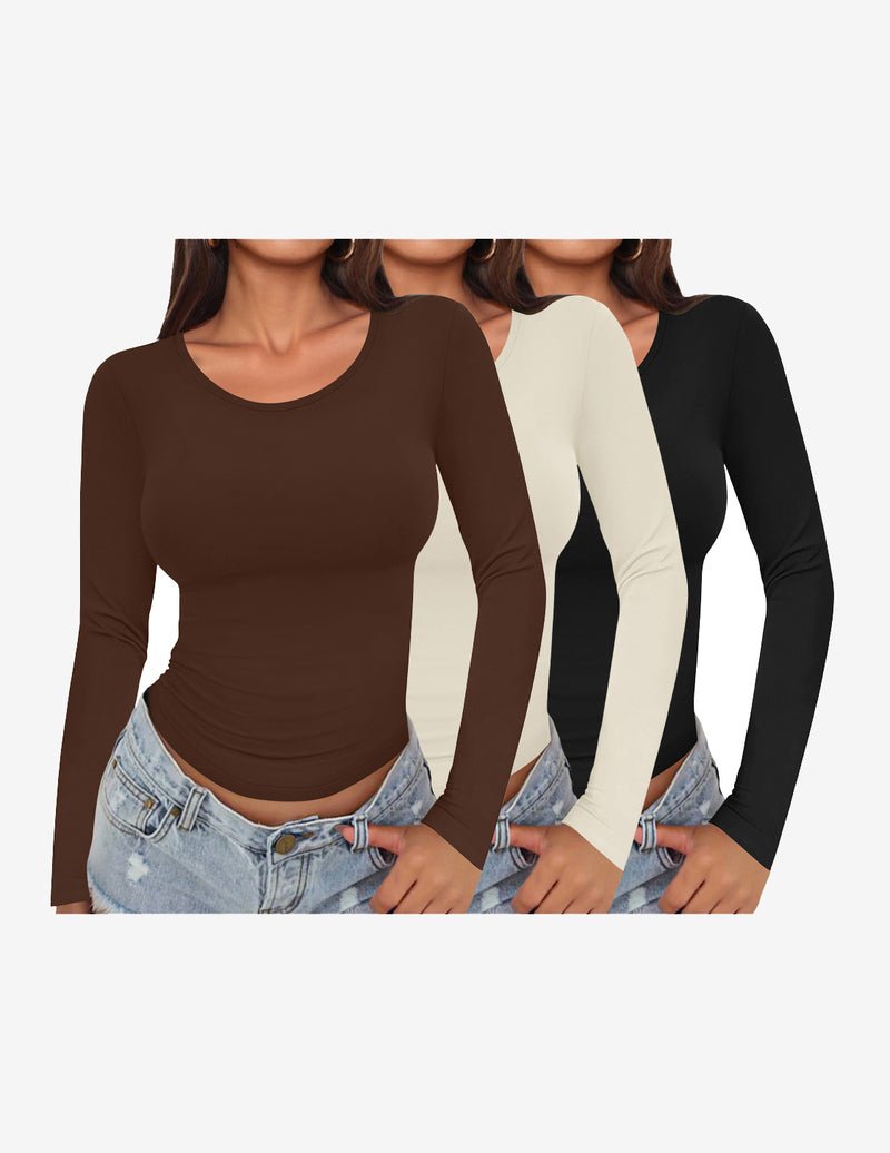 3er-Set Longsleeve mit Rundhalsausschnitt, figurbetont: braun, creme, schwarz