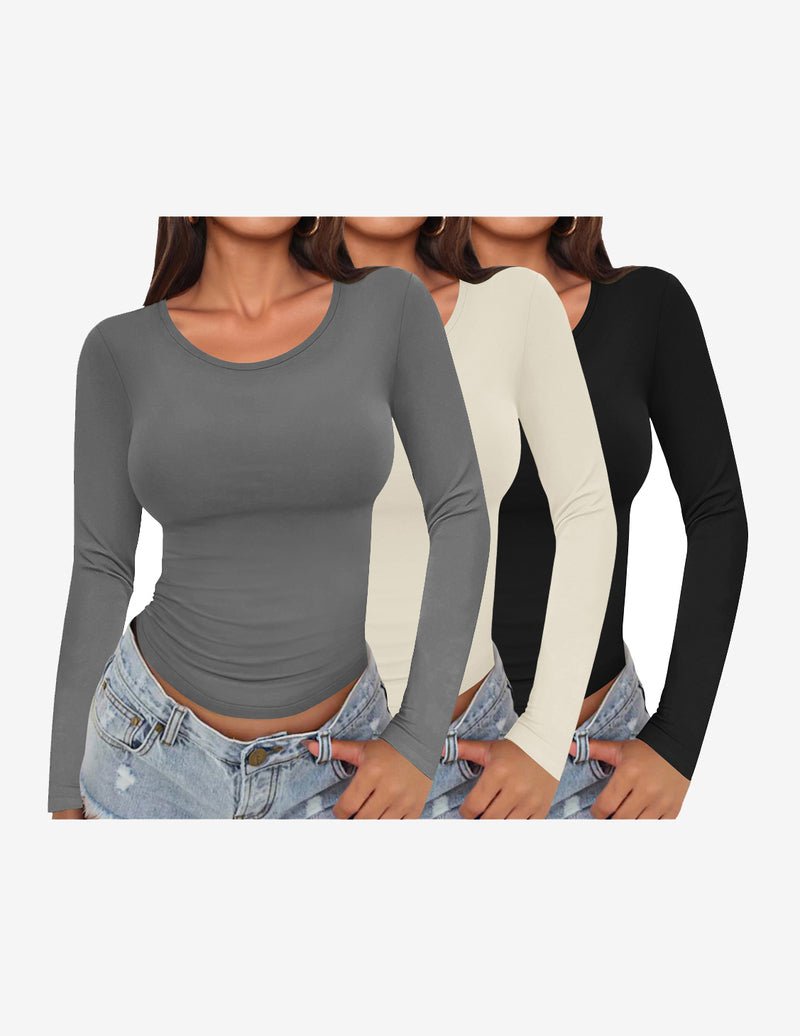 3er-Set Longsleeve mit Rundhalsausschnitt, figurbetont: grau, creme, schwarz