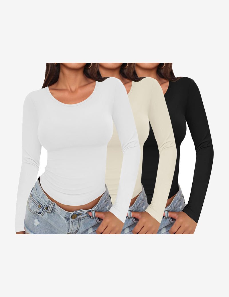 3-pack long-sleeve scoop-neck fitted tops: white, cream, black