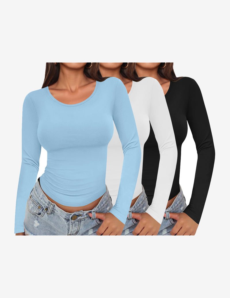 3er-Set Longsleeve mit Rundhalsausschnitt, figurbetont: hellblau, creme, schwarz