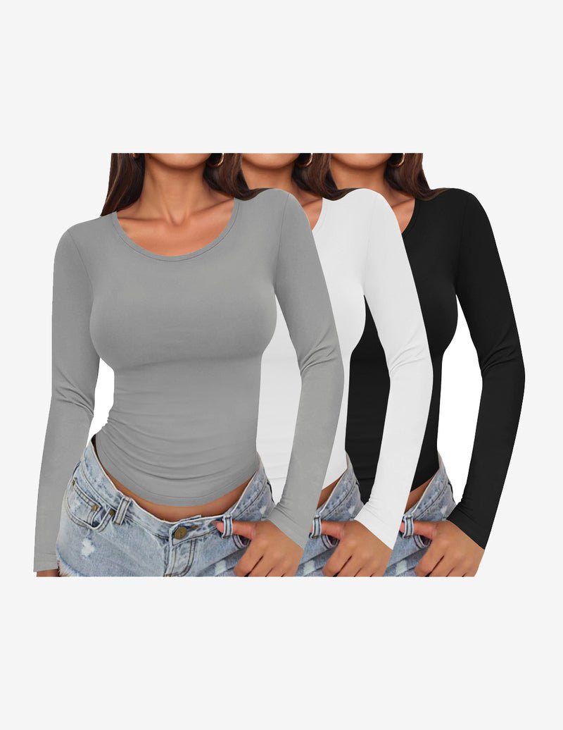 3er-Set Longsleeve mit Rundhalsausschnitt, figurbetont: grau, creme, schwarz