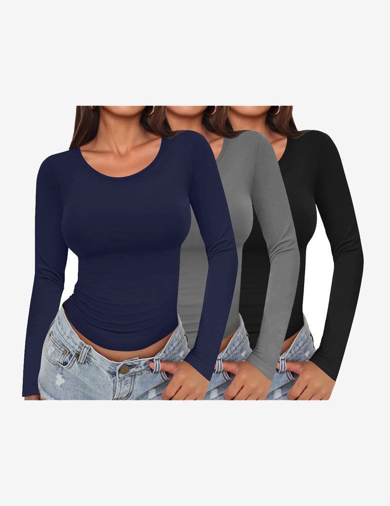 3-pack long-sleeve scoop-neck fitted tops: navy, gray, black