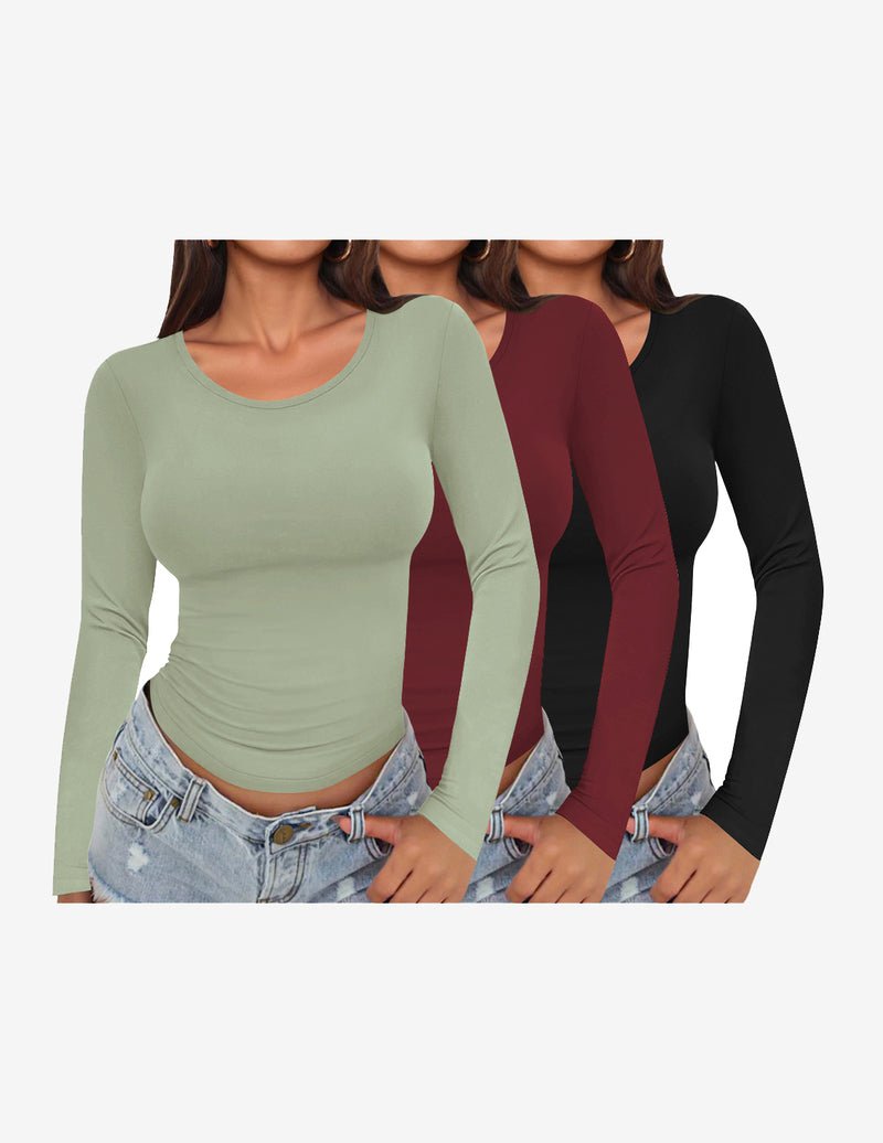 3er-Set Longsleeve mit Rundhalsausschnitt, figurbetont: olivgrün, bordeaux, schwarz