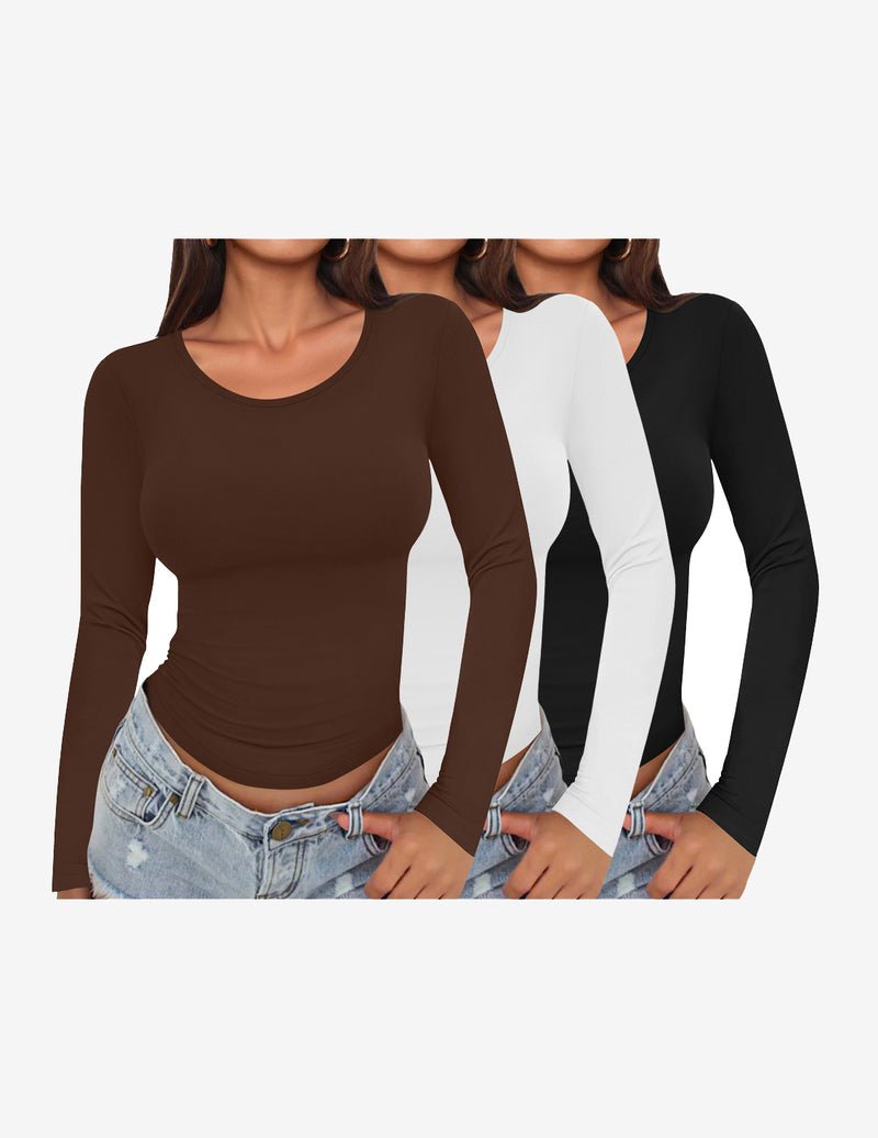 3er-Set Longsleeve mit Rundhalsausschnitt, figurbetont: braun, creme, schwarz