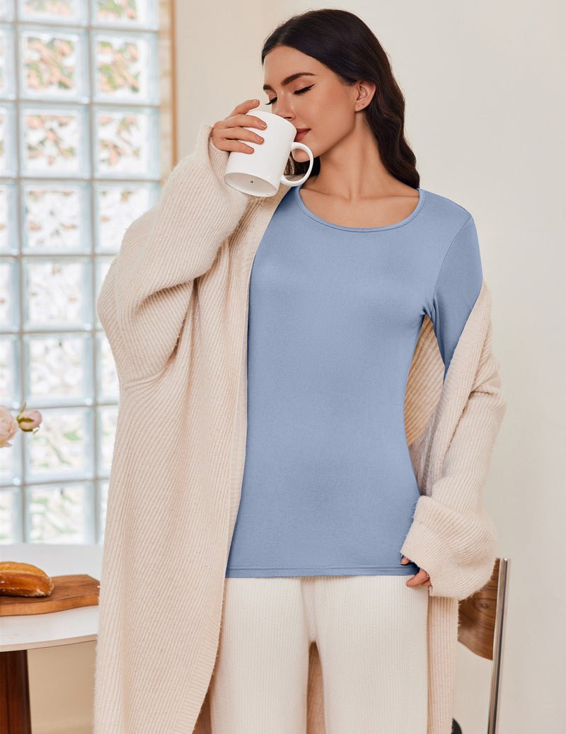 Light blue fitted long-sleeve scoop-neck top