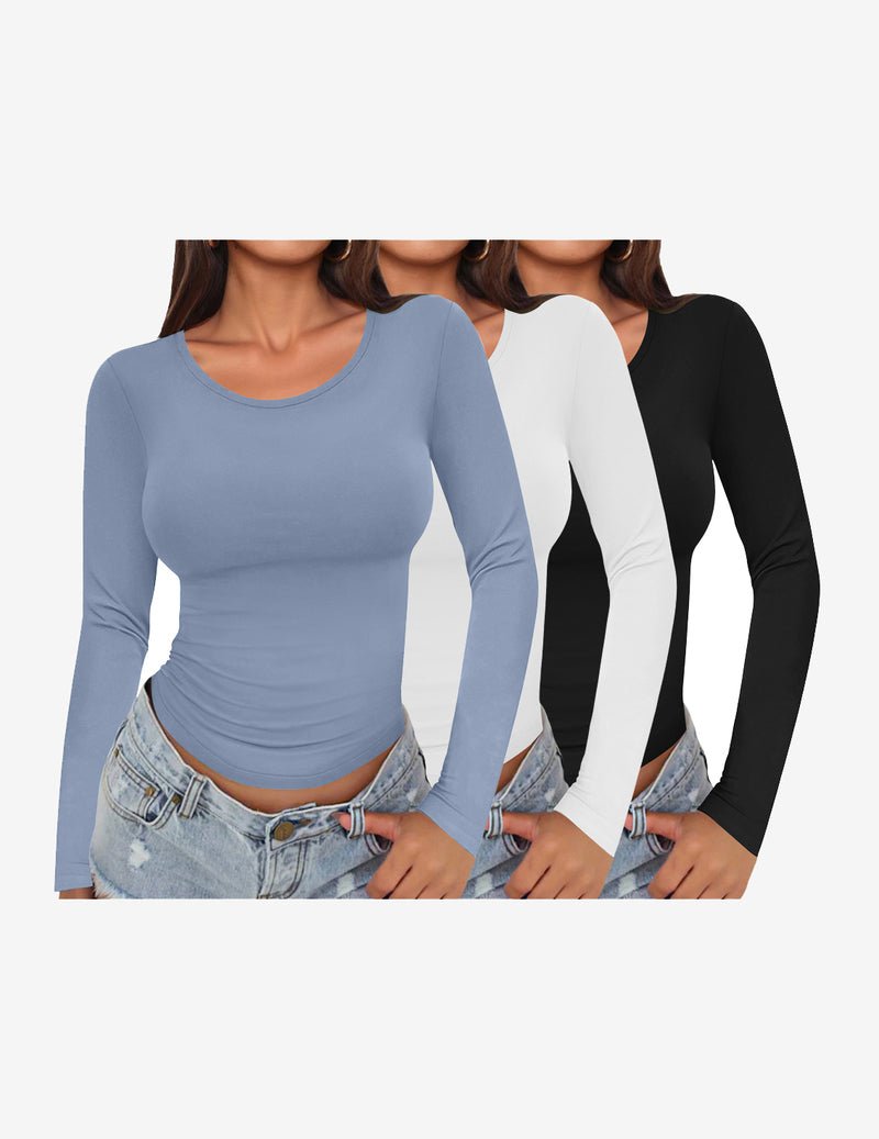 3-pack long-sleeve scoop-neck fitted tops: blue, white, black