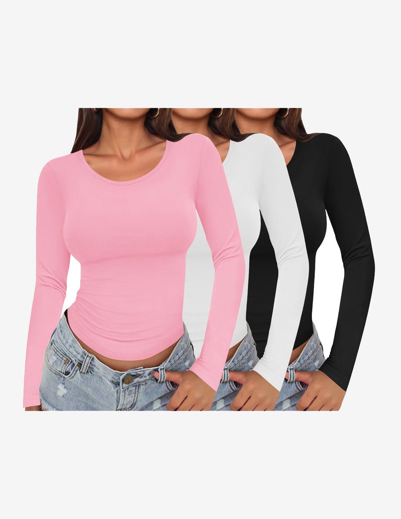 3er-Set Longsleeve mit Rundhalsausschnitt, figurbetont: rosa, creme, schwarz